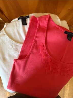 Tommy Hilfiger Pink Ribbed Tank & White Embellished Knit Top